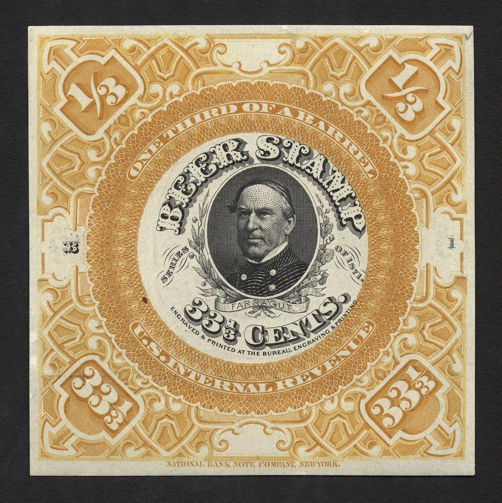 نمونه اثباتی تمبر مالیاتی آبجو ۳۳ ۱/۳ سنتی — عکس رکورد موزهٔ ملی پست (اسمیتسونیان)