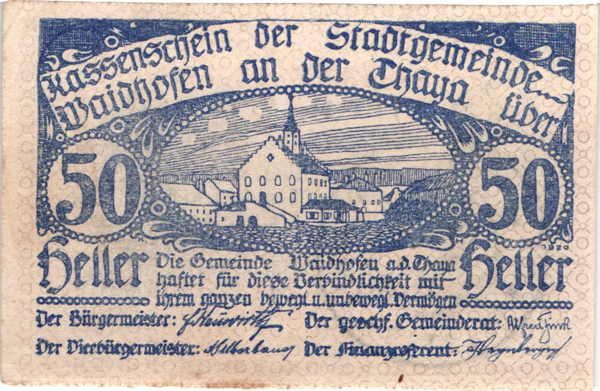50 Heller, Notgeldschein der Stadtgemeinde Waidhofen an der Thaya, Niederösterreich — تصویر رکورد یوروپیانا