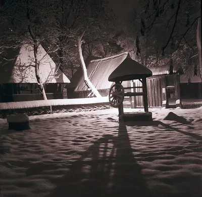 Secvențe din Muzeul Satului, Peisaj de iarnă în muzeu, noaptea, cu fântâna Câmpani în centru (1988) — تصویر رکورد یوروپیانا