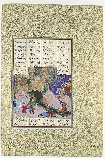 "Isfandiyar's Fourth Course: He Slays a Sorceress", Folio 435v from the Shahnama (Book of Kings) of Shah Tahmasp — تصویر رکورد موزهٔ متروپولیتن (دسترسی آزاد)