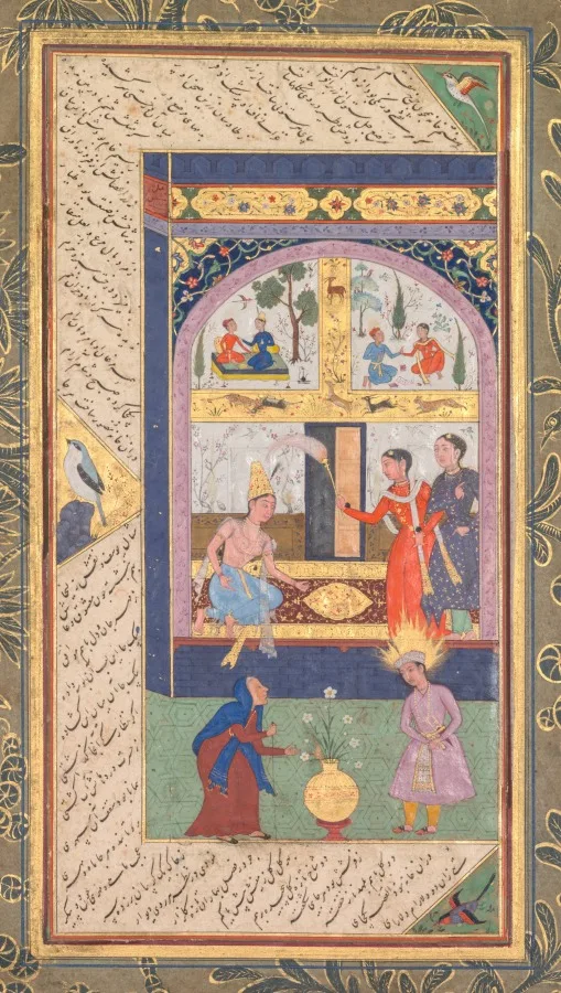 Zulaykha in her palace and as an elderly woman with Joseph (recto), from a Panj Ganj (Five Treasures) of Abd al- Rahman Jami (Persian, 1414–1492) — تصویر رکورد موزهٔ هنر کلیولند (دسترسی آزاد)