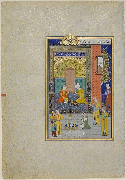 "Bahram Gur in the Yellow Palace on Sunday", Folio 213 from a Khamsa (Quintet) of Nizami of Ganja — تصویر رکورد موزهٔ متروپولیتن (دسترسی آزاد)