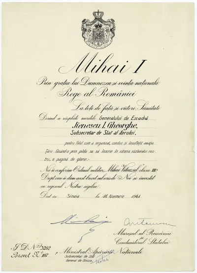 Brevet nr. 167, emis din Sinaia de regele Mihai I (1921-2017), prin care Gheorghe Jienescu, general de escadră, este numit membru al ordinului militar Mihai Viteazul”, clasa a III-a. Pe brevet, sigili — تصویر رکورد یوروپیانا