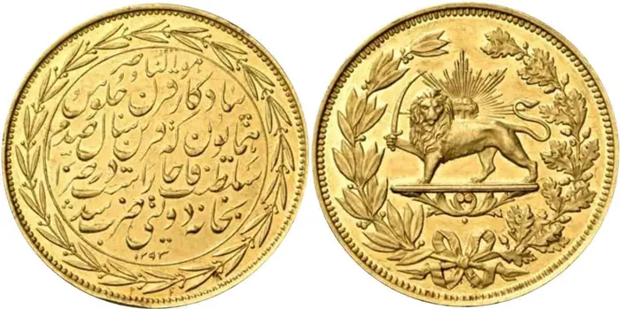 روی و پشت «۱۰ تومان — ناصرالدینشاه قاجار، ۱۸۷۶ م» — عکس رکورد کاتالوگ نومیستا