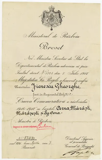 Brevet cu nr. 57470, emis de Ministerul de Război, prin care maiorul Gheorghe Jienescu primește decorația “Crucea Comemorativă a războiului 1916-1918”, cu baretele Cerna, Mărăști, Mărășești și Tg. Ocn — تصویر رکورد یوروپیانا