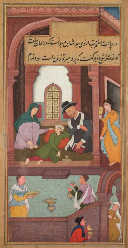 Jesus Heals the Nobleman’s Son in Capernaum (folio 70 recto), from a Mirror of Holiness (Mir’at al-quds) of Father Jerome Xavier — تصویر رکورد موزهٔ هنر کلیولند (دسترسی آزاد)