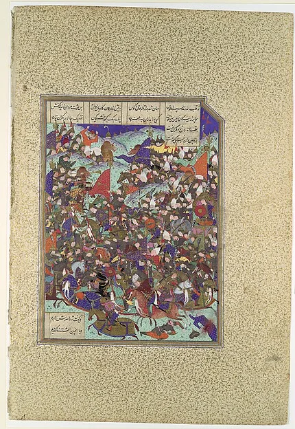 "Kai Khusrau Defeats the Army of Makran", Folio 376v from the Shahnama (Book of Kings) of Shah Tahmasp — تصویر رکورد موزهٔ متروپولیتن (دسترسی آزاد)