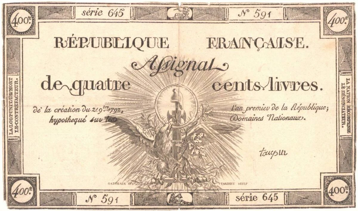 Assignat der 1. Französischen Republik vom 21. September 1792 über 400 Livres — تصویر رکورد یوروپیانا