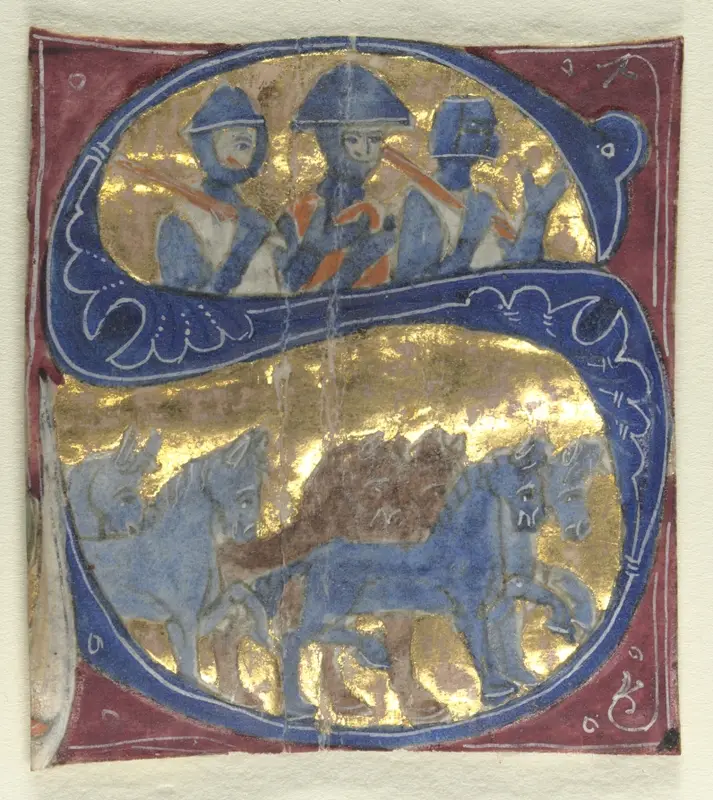 Historiated Initial (S) Excised from a Bible: Soldiers and Horses — تصویر رکورد موزهٔ هنر کلیولند (دسترسی آزاد)