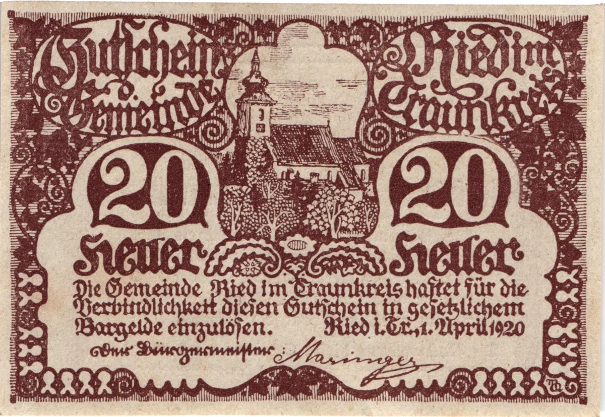 20 Heller, Notgeldschein der Gemeinde Ried im Traunkreis, Oberösterreich — تصویر رکورد یوروپیانا