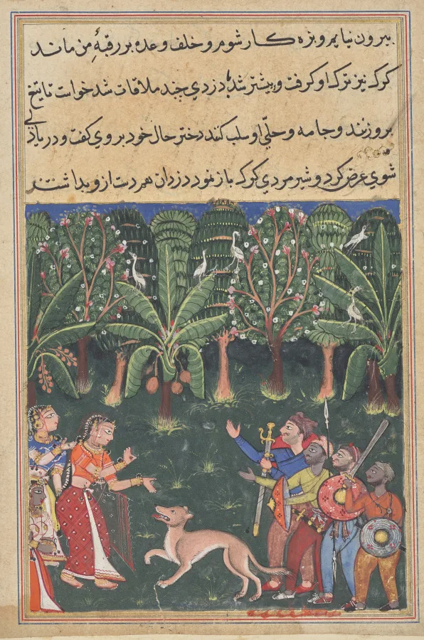 The merchant’s daughter encounters a wolf and bandits on her way to meet the gardener in order to keep her promise, from a Tuti-nama (Tales of a Parrot): Twelfth Night — تصویر رکورد موزهٔ هنر کلیولند (دسترسی آزاد)