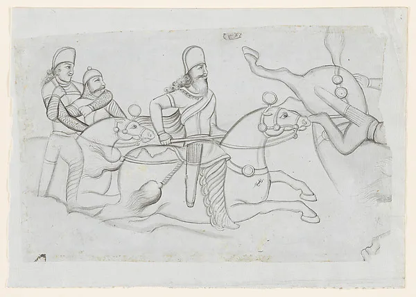 Drawing of Sasanian rock relief: battle of Ardashir I (r. A.D. 224-241) at Firuzabad, southern Iran — تصویر رکورد موزهٔ متروپولیتن (دسترسی آزاد)