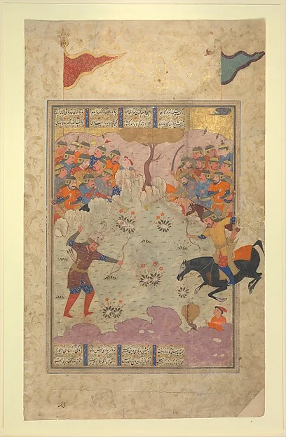 "Rustam Fighting Ashkabus", Folio from a Shahnama (Book of Kings) — تصویر رکورد موزهٔ متروپولیتن (دسترسی آزاد)