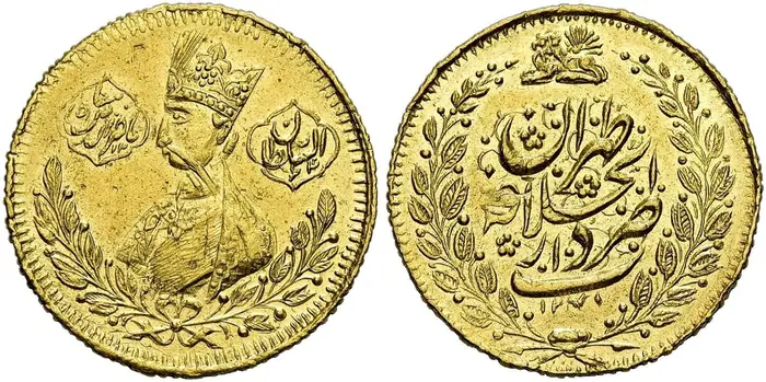 روی و پشت «۱ تومان — ناصرالدین‌شاه قاجار، ۱۸۵۵ م» — عکس رکورد کاتالوگ نومیستا