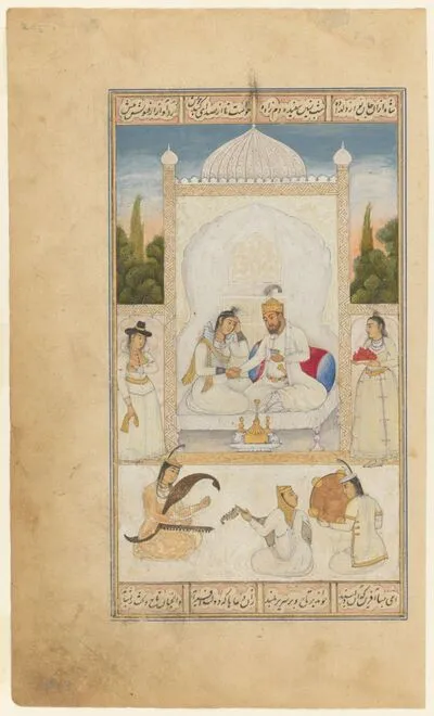 Bahram Gur and the Iranian princess in the white pavilion, from Seven Portraits (Haft Paykar), in the Five Poems (Khamsa), by Nizami — تصویر رکورد یوروپیانا