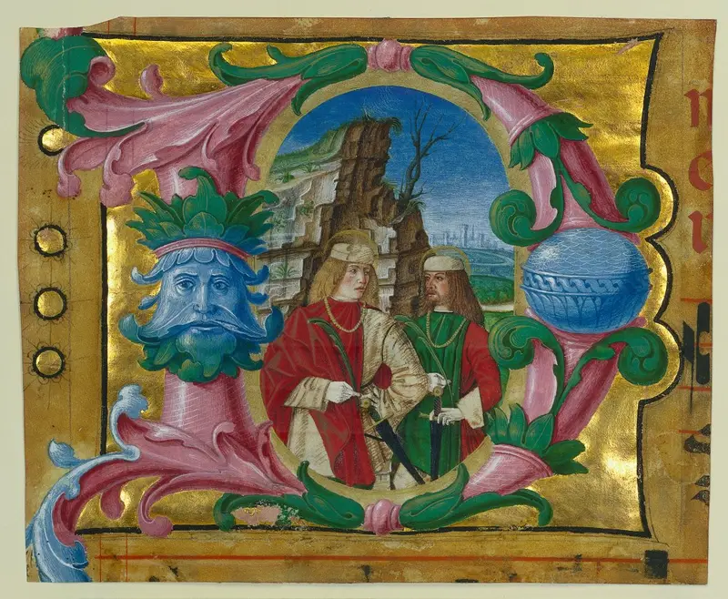 Historiated Initial (D) Excised from a Choir Book: Two Martyr Saints — تصویر رکورد موزهٔ هنر کلیولند (دسترسی آزاد)