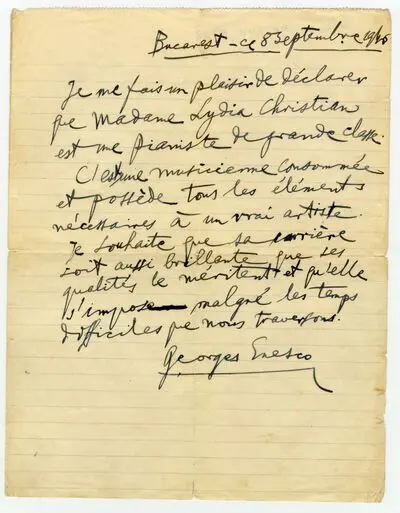 Scrisoare de recomandare din partea compozitorului George Enescu, destinatar necunoscut — تصویر رکورد یوروپیانا