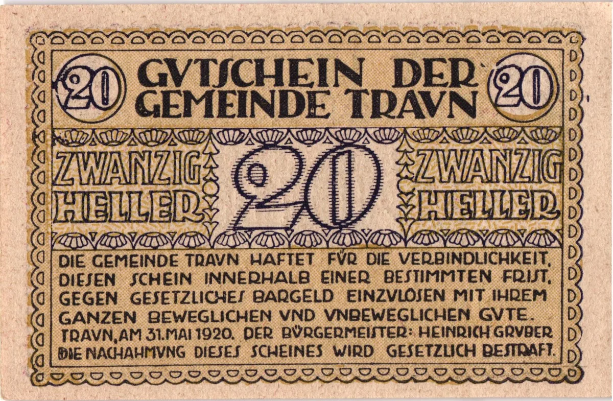 20 Heller, Notgeldschein der Gemeinde Traun, Oberösterreich — تصویر رکورد یوروپیانا