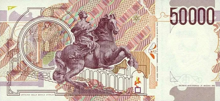 پشت اسکناس 50,000 L لیرهٔ ایتالیا