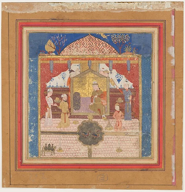 "Rustam Carrying the King of Mazandaran to Kai Kavus", Folio from a Shahnama (Book of Kings) — تصویر رکورد موزهٔ متروپولیتن (دسترسی آزاد)