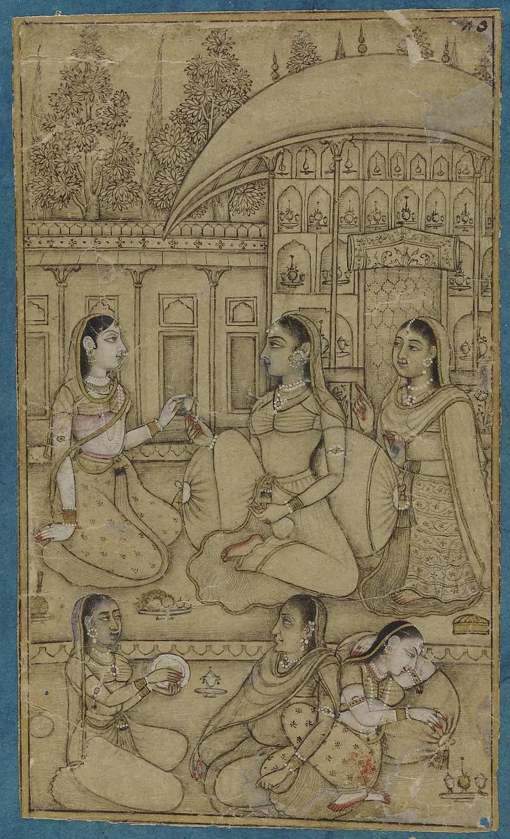 A lady and attendants seated in a courtyard — تصویر رکورد موزهٔ ملی هنر آسیایی اسمیتسونیان (دسترسی آزاد)