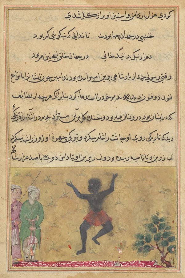 The court jester meets a Zangi dancing with joy, and learns from him that the cause of his happiness is his assignation with a woman who is the jester’s own wife, from a Tuti-nama (Tales of a Parrot): Twenty-second Night — تصویر رکورد موزهٔ هنر کلیولند (دسترسی آزاد)