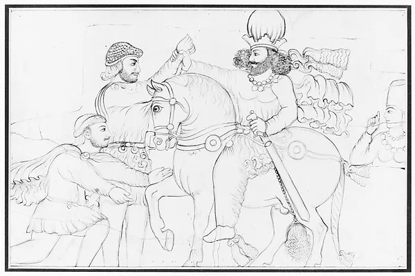 Drawing of Sasanian rock relief: Shapur I (r. A.D. 241-272) and Roman emperor Valerian at Naqsh-i Rustam, southern Iran — تصویر رکورد موزهٔ متروپولیتن (دسترسی آزاد)