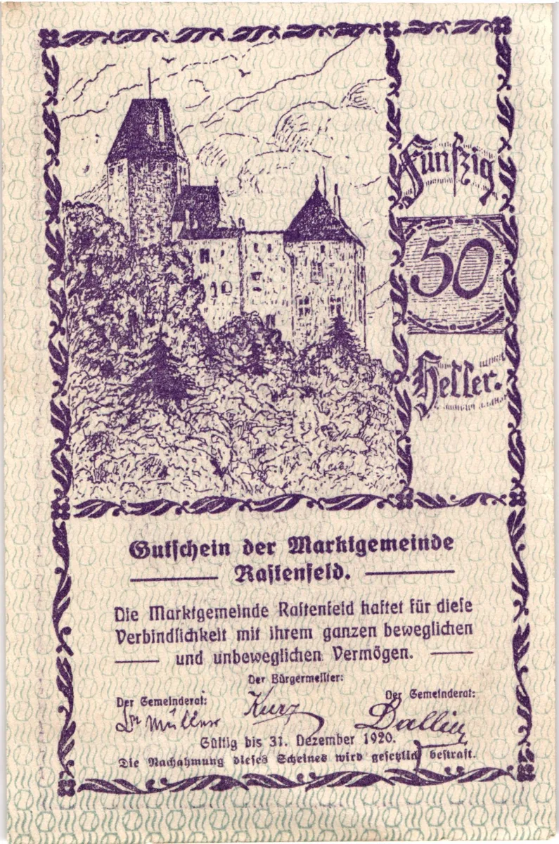 50 Heller, Notgeldschein der Marktgemeinde Rastenfeld, Niederösterreich — تصویر رکورد یوروپیانا