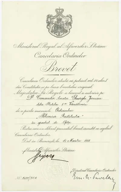 Brevet cu nr. 15111/ 9 C.O., emis de Ministerul Regal al Afacerilor Străine, Cancelaria Ordinelor, prin care se acordă comandorului aviator Gheorghe Jienescu dreptul de a purta însemnele ordinului "Po — تصویر رکورد یوروپیانا