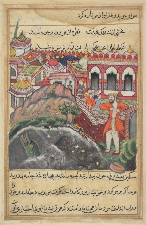 The bag of gold which he received for the slave girl being stolen in a mosque, the young man of Baghdad tears his cloths and is about to fling himself into the Tigris, from a Tuti-nama (Tales of a Parrot): Forty-eighth Night — تصویر رکورد موزهٔ هنر کلیولند (دسترسی آزاد)