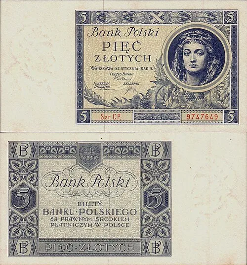 روی اسکناس — 5 złotych لهستان