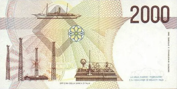 پشت اسکناس 2,000 L لیرهٔ ایتالیا
