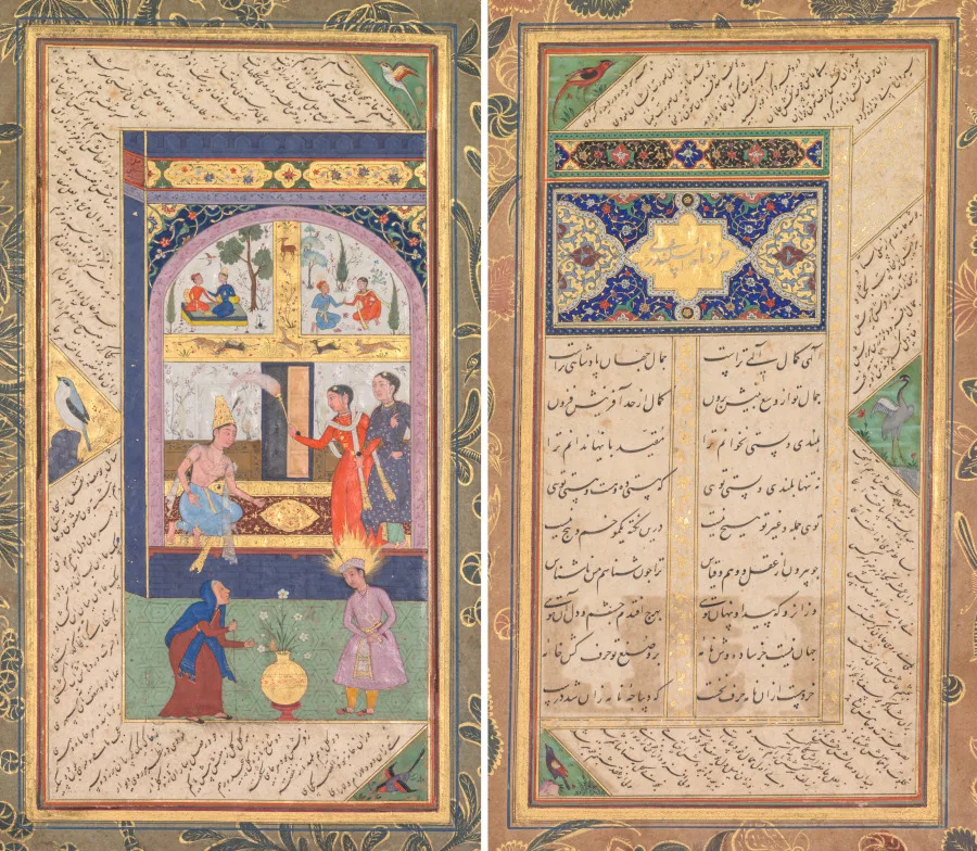 Zulaykha in her palace and as an old woman with Joseph, from a Panj Ganj (Five Treasures) of Abd al-Rahman Jami (Persian, 1414–1492); verso from a Panj Ganj of Abd al-Rahman Jami (Persian, 1414–1492), with two masnavis: Yusuf va Zulaykha (Joseph and Zulaykha) and Khirad-nama-i Iskandari (Alexander’s Book of Wisdom) — تصویر رکورد موزهٔ هنر کلیولند (دسترسی آزاد)