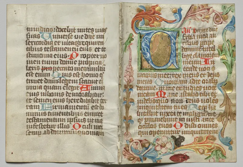 Bifolio from a Book of Hours: Initial V with Floral Border (recto) — تصویر رکورد موزهٔ هنر کلیولند (دسترسی آزاد)