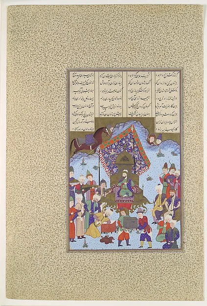 "Afrasiyab on the Iranian Throne", Folio 105r from the Shahnama (Book of Kings) of Shah Tahmasp — تصویر رکورد موزهٔ متروپولیتن (دسترسی آزاد)