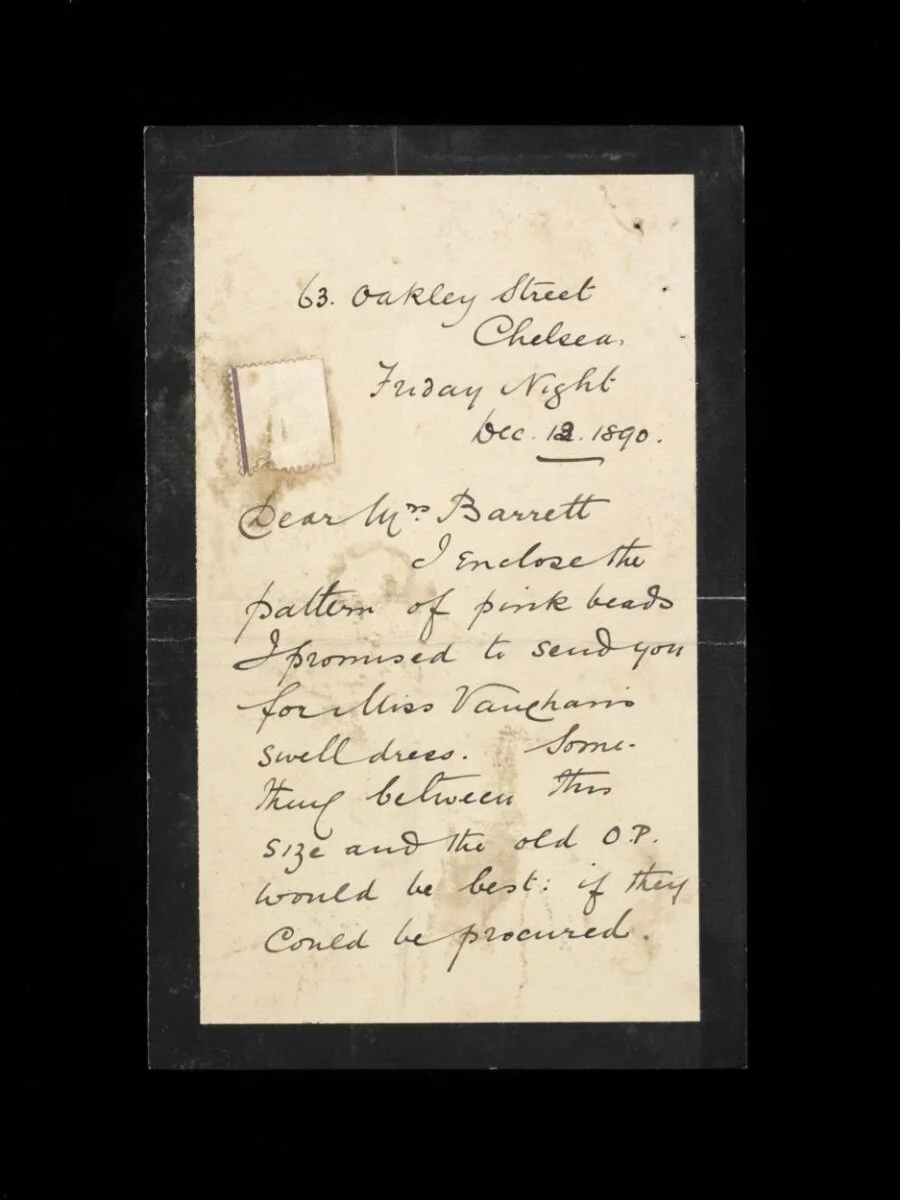 Part of a letter dated 12th December 1890 written by Wilhelm probably to Oscar Barrett concerning beads needed for the costume he was designing for Susie Vaughan's 'swell dress' as The Emperor of Morocco in  <i>Dick Whittington</i>, Crystal Palace, 24th December 1890 — تصویر رکورد موزهٔ ویکتوریا و آلبرت