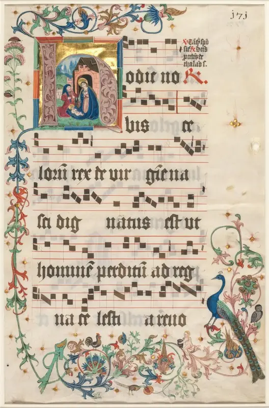 Leaf from an Antiphonary: Initial H with the Nativity (recto) — تصویر رکورد موزهٔ هنر کلیولند (دسترسی آزاد)