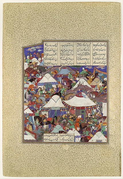 "The Besotted Iranian Camp Attacked by Night", Folio 241r from the Shahnama (Book of Kings) of Shah Tahmasp — تصویر رکورد موزهٔ متروپولیتن (دسترسی آزاد)