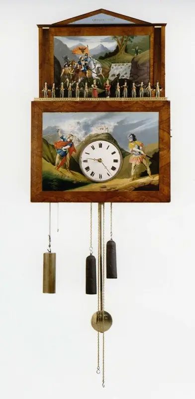 Flötenuhr, Werk: Schwarzwald, Schild: Leodegar Dufner, Schönenbach, um 1840 — تصویر رکورد یوروپیانا
