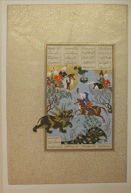 «کشتن گرگ‌کرگدن توسط بهرام گور»، برگ ۵۸۶ رو از شاهنامه شاه‌طهماسب — نمای تکمیلی ثبت‌شده در رکورد موزه