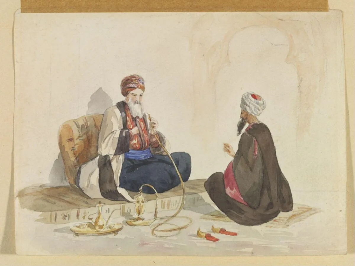 An Eastern dignitary smoking and giving audience to another — تصویر رکورد موزهٔ ویکتوریا و آلبرت