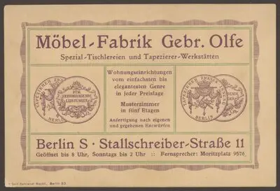 Werbepostkarte Möbelfabrik "Gebr. Olfe", Stallschreiberstraße 11 — تصویر رکورد یوروپیانا