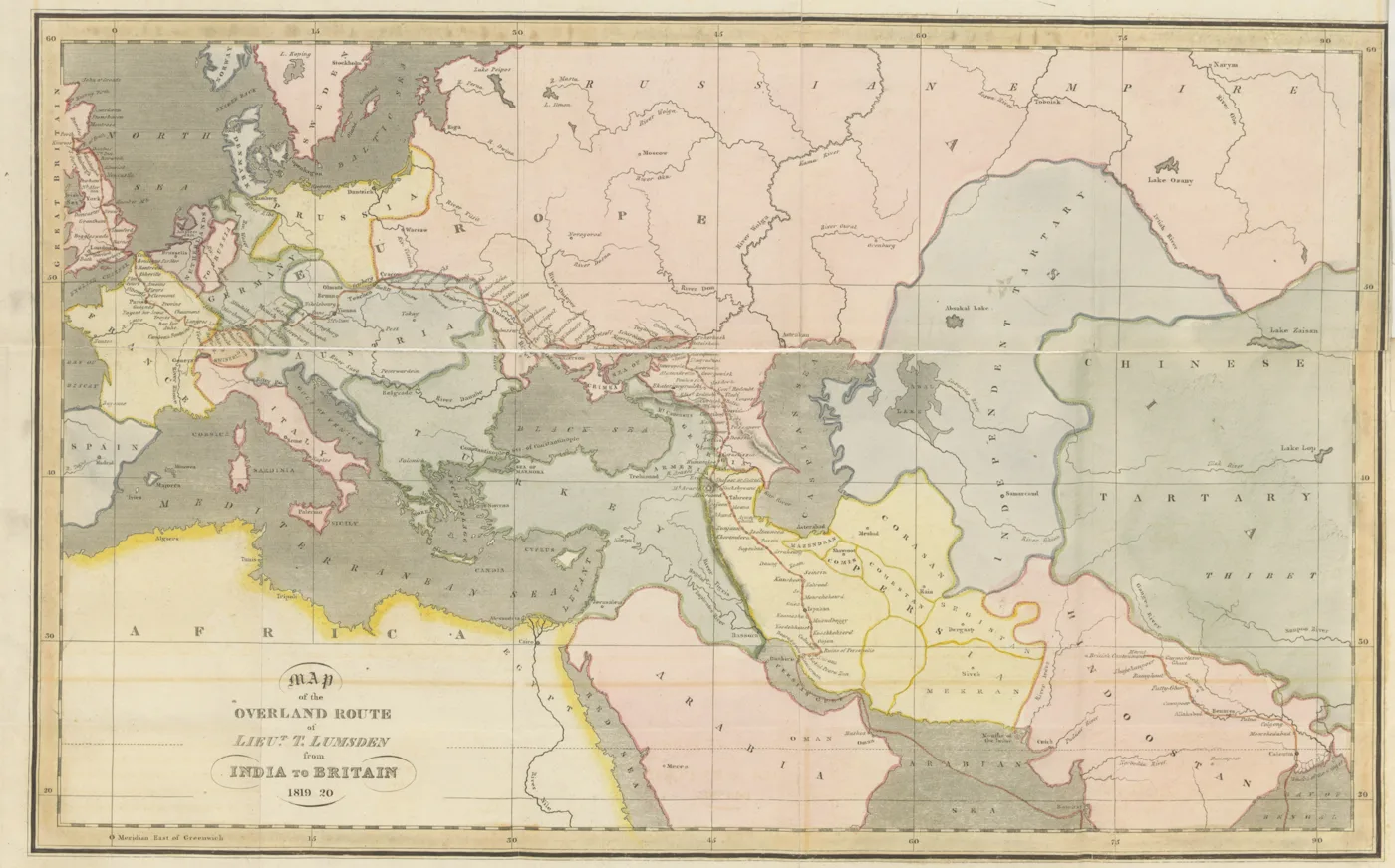 map from "A Journey from Merut in India to London, through Arabia, Persia, Armenia, Georgia, Russia, Austria, Switzerland and France, during ... 1819 and 1820, etc". — تصویر رکورد یوروپیانا
