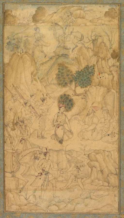 A Prince Visiting a Holy Man in a Rocky Landscape (recto) — تصویر رکورد موزهٔ هنر کلیولند (دسترسی آزاد)