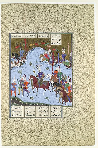 "Bahram Gur Advances by Stealth against the Khaqan," Folio 577v  from the Shahnama (Book of Kings) of Shah Tahmasp — تصویر رکورد موزهٔ متروپولیتن (دسترسی آزاد)