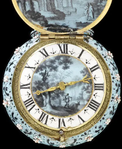 Watch with a case and dial of painted enamel and gilt brass, movement signed 'Eduardus East Londini', England, ca.1640. Watch with a case and dial of painted enamel and gilt brass, signed 'Eduardus Ea — تصویر رکورد یوروپیانا