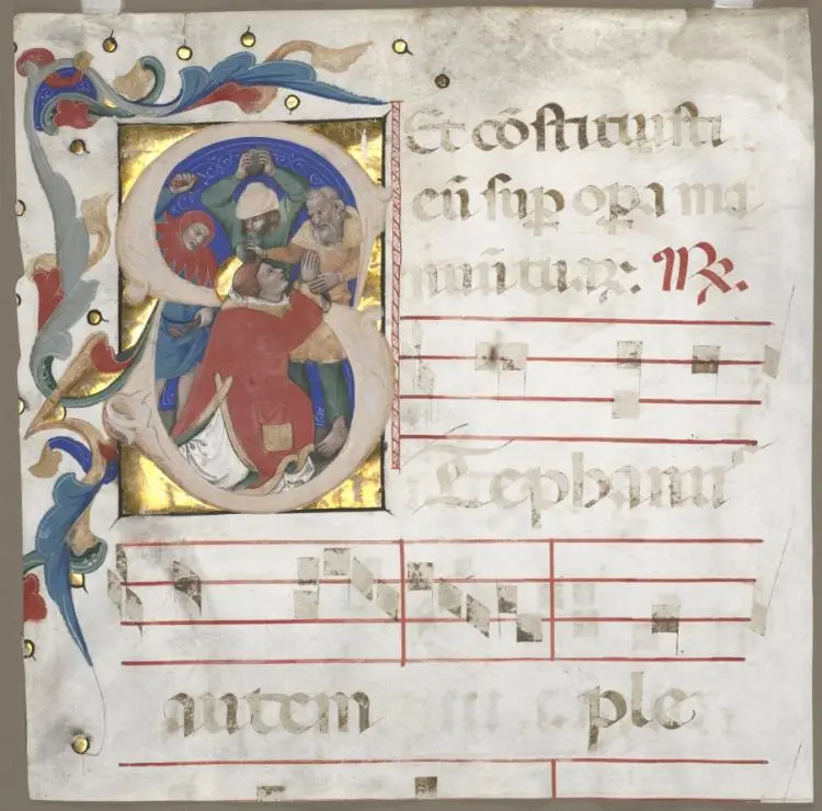 Fragment of an Antiphonary with Historiated Initial (S): The Stoning of St. Stephen — تصویر رکورد موزهٔ هنر کلیولند (دسترسی آزاد)
