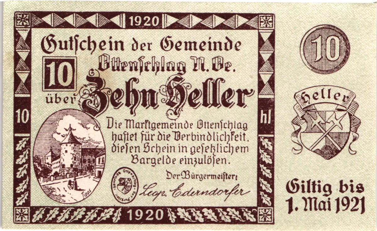 10 Heller, Notgeldschein der Gemeinde Ottenschlag, Niederösterreich — تصویر رکورد یوروپیانا