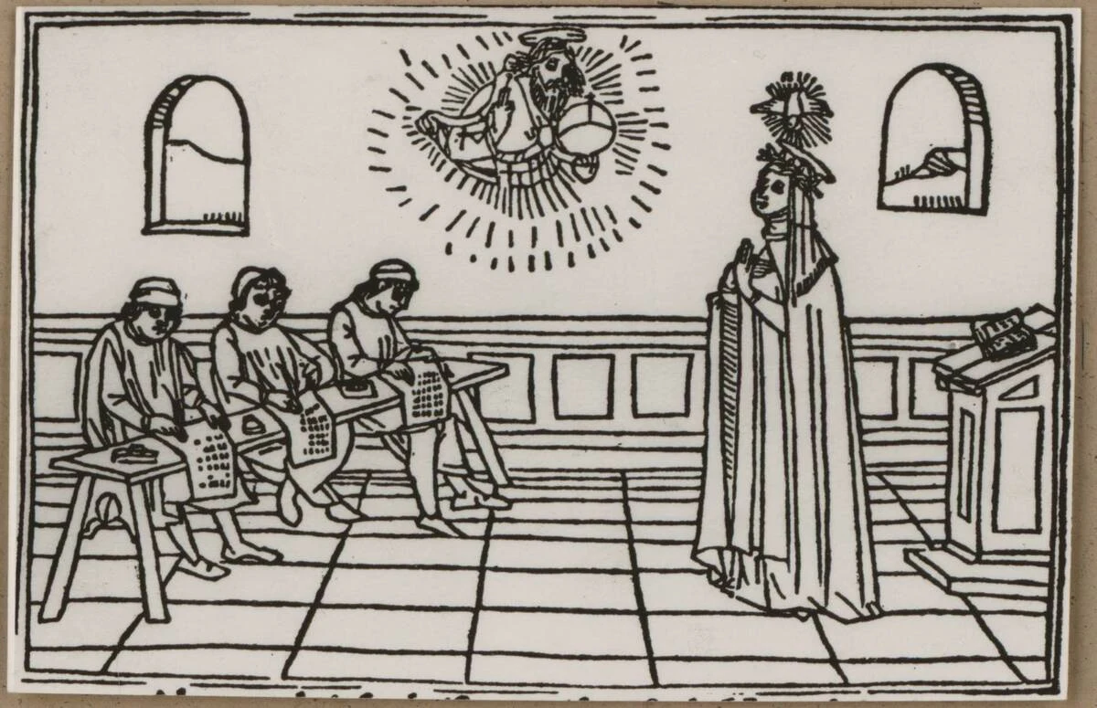 Photograph of a depiction of a woodcut with the depiction of St. Catherine of Siena on the topic “Renaissance furniture in Italian incunabula” (vom BeKathvergebener Titel) — تصویر رکورد یوروپیانا