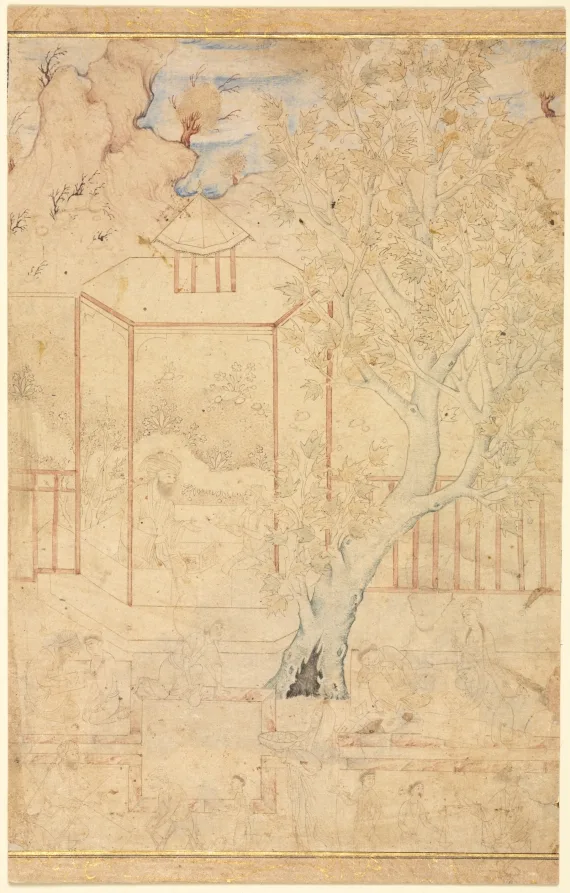 Garden Scene with a Master Instructing a Student in a Pavilion — تصویر رکورد موزهٔ هنر کلیولند (دسترسی آزاد)